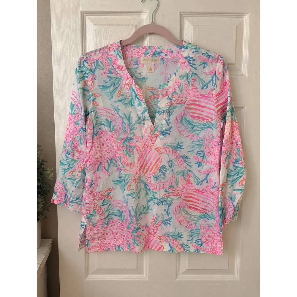 Lilly Pulitzer Amelia Island Tunic S Getting Steamy Crab Print Cotton Top
